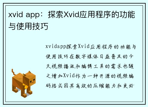 xvid app：探索Xvid应用程序的功能与使用技巧